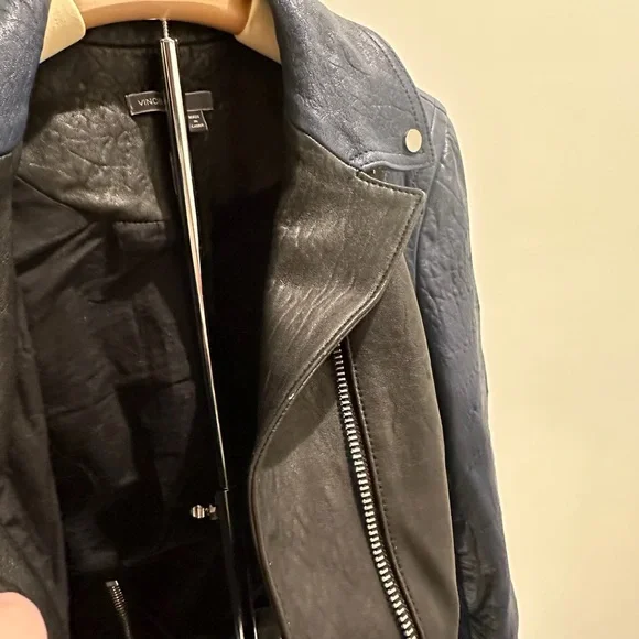 Vince Two-Tone Lamb Leather Moto Jacket - Black & Navy